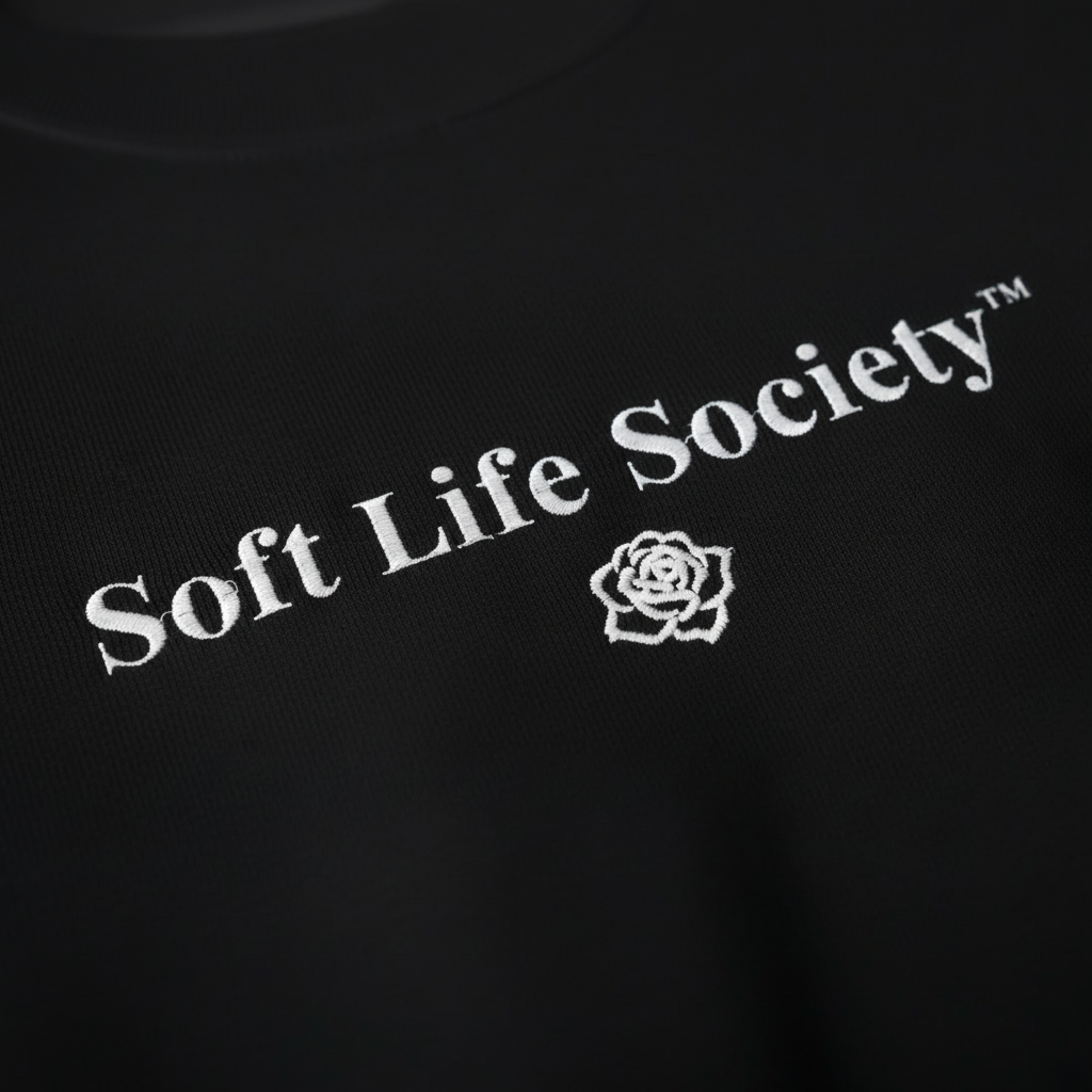 Closeup view of black shirt with 'Soft Life Society' text and rose logo on a black background