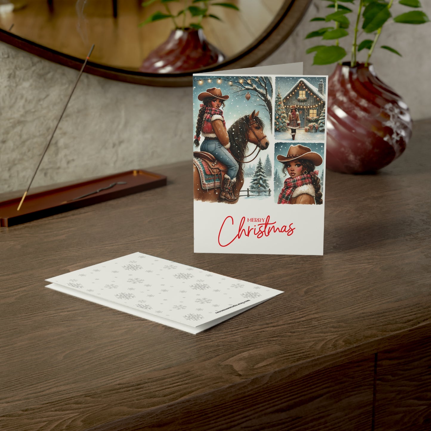 African American Cowgirl Christmas Card, Western Holiday Greeting Card with Brown-Skinned Cowgirl, Cozy Winter Scene, Holiday Card