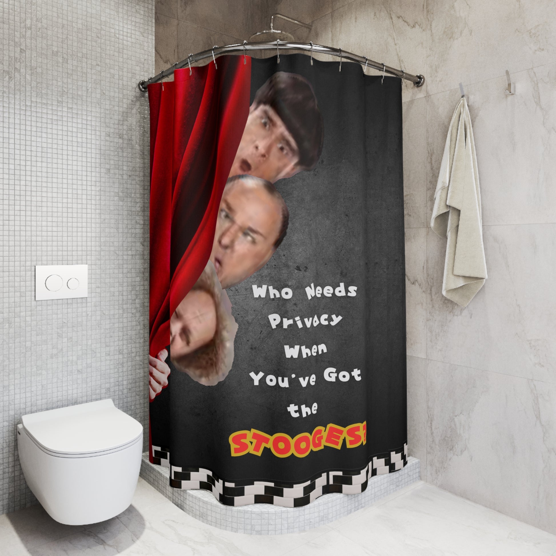 Bathroom view showcasing the Three Stooges curtain with humorous decor vibes.
