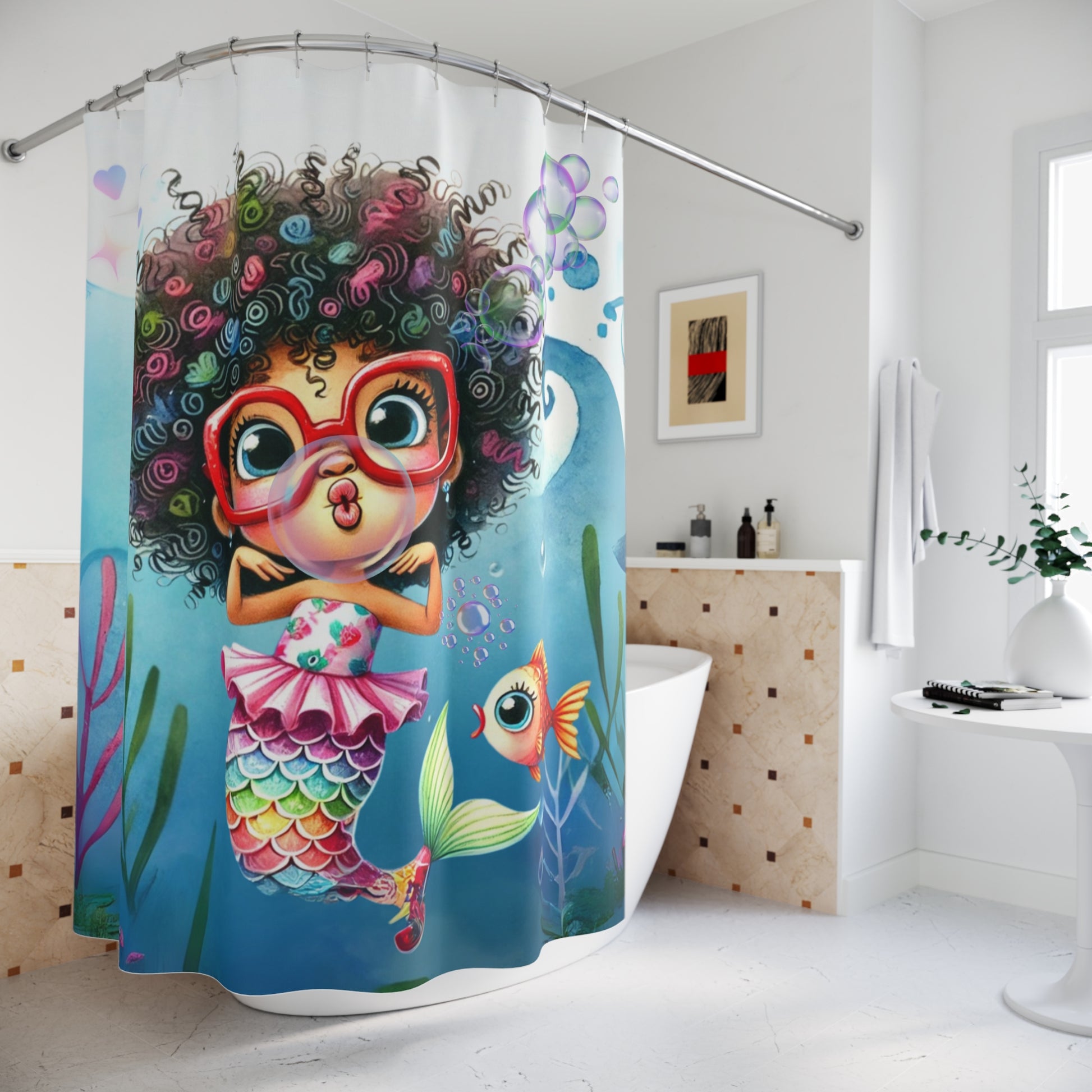 Bathroom tub featuring the whimsical mermaid and fish design.
