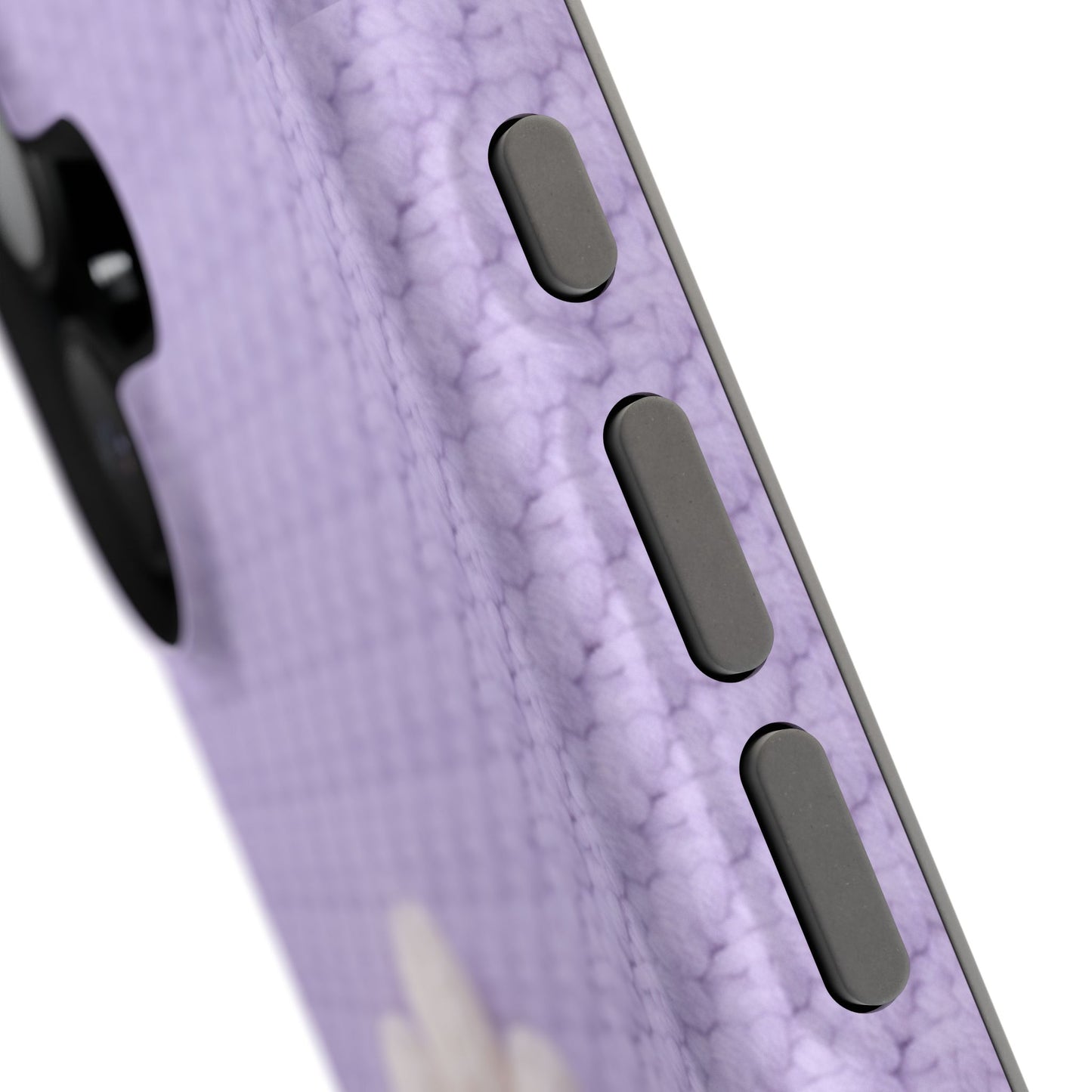 Close-up of a phone case with a purple marble pattern and black accents.