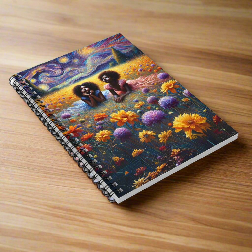 Whimsical notebook with a combination of wildflowers and starry art.