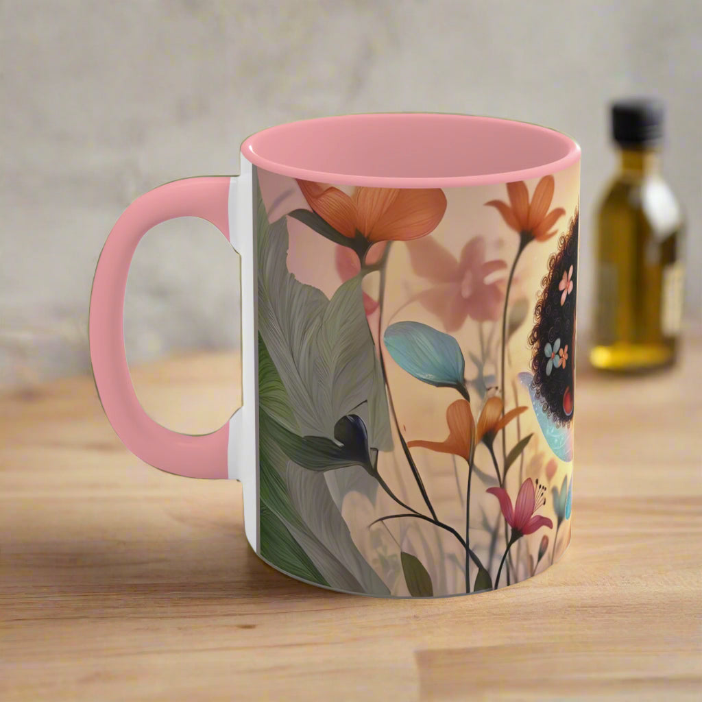 Side view of the vibrant floral design on an 11oz coffee mug
