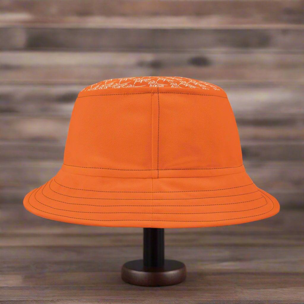 Back view of the Wicked Cute Black Cat Halloween Bucket Hat with a solid orange design and visible stitching.