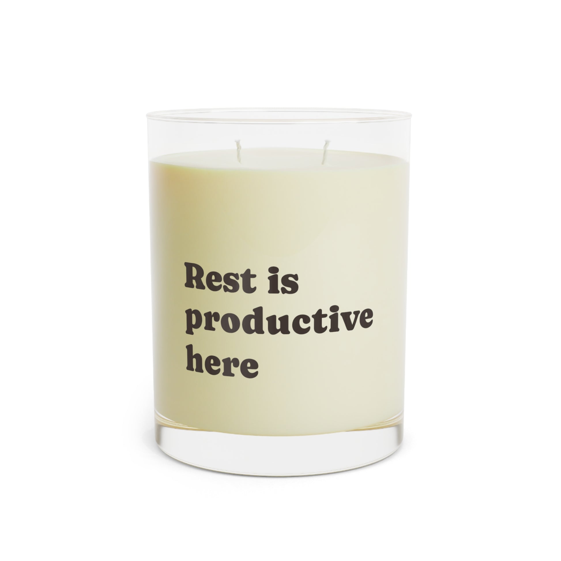 Soft Life Society Affirmation Candle with 'Rest is productive here' text on a white background