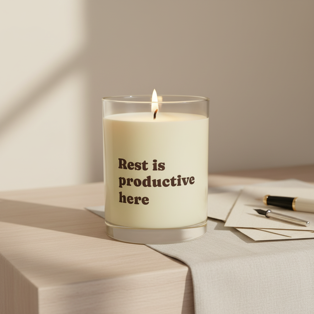 Candle with 'Rest is productive here' text on a table with a pen and paper.