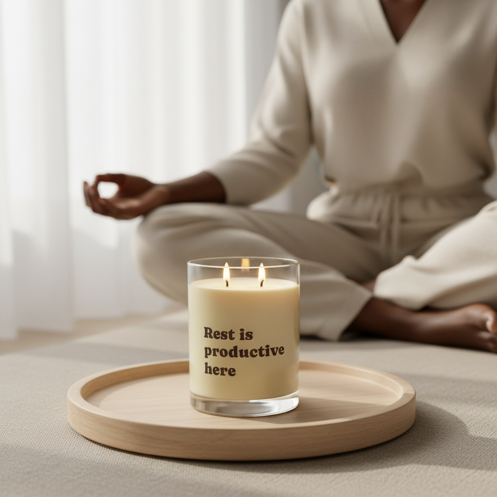 Person meditating with a candle labeled 'Rest is productive here' on a wooden tray.