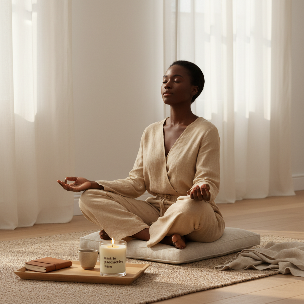 Person in a beige robe meditating in a serene room with a candle and books.