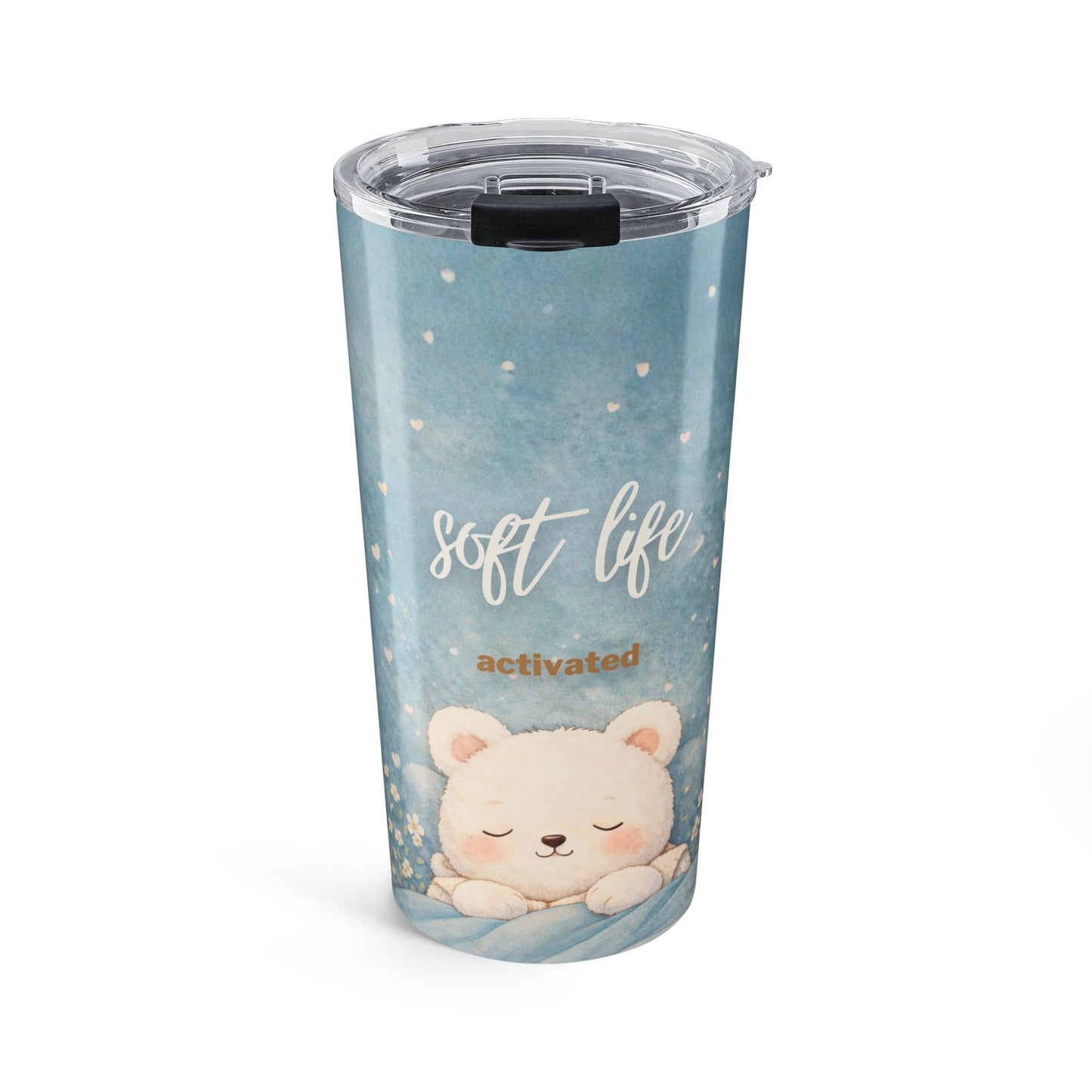 Tumbler with a cute bear design and 'soft life activated' text on a blue background