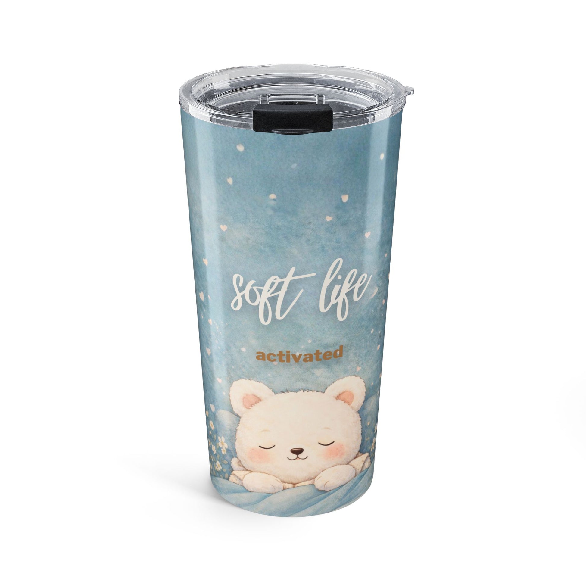 Tumbler with a cute bear design and 'soft life activated' text on a blue background