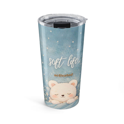 Tumbler with a cute bear design and 'soft life activated' text on a blue background
