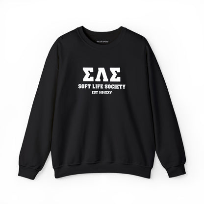 Black sweatshirt with 'Sigma Lambda Gamma Soft Life Society' text on a white background