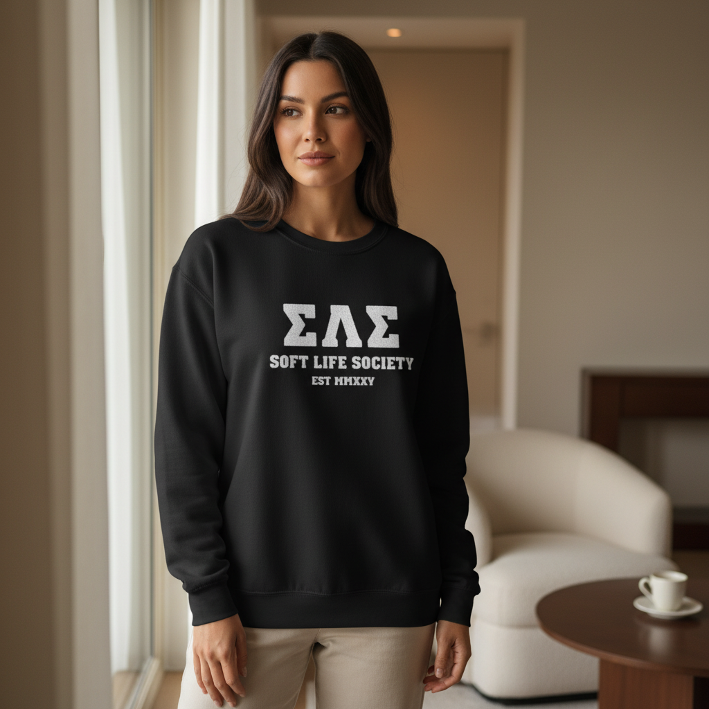 Woman wearing a black sweatshirt with 'ΣΛΣ SOFT LIFE SOCIETY EST 1920' text in a room.