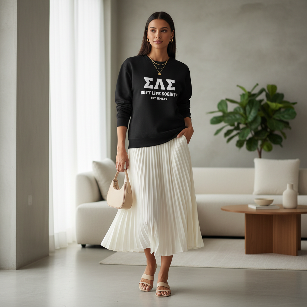 Woman wearing a black sweatshirt with white text in a modern living room.