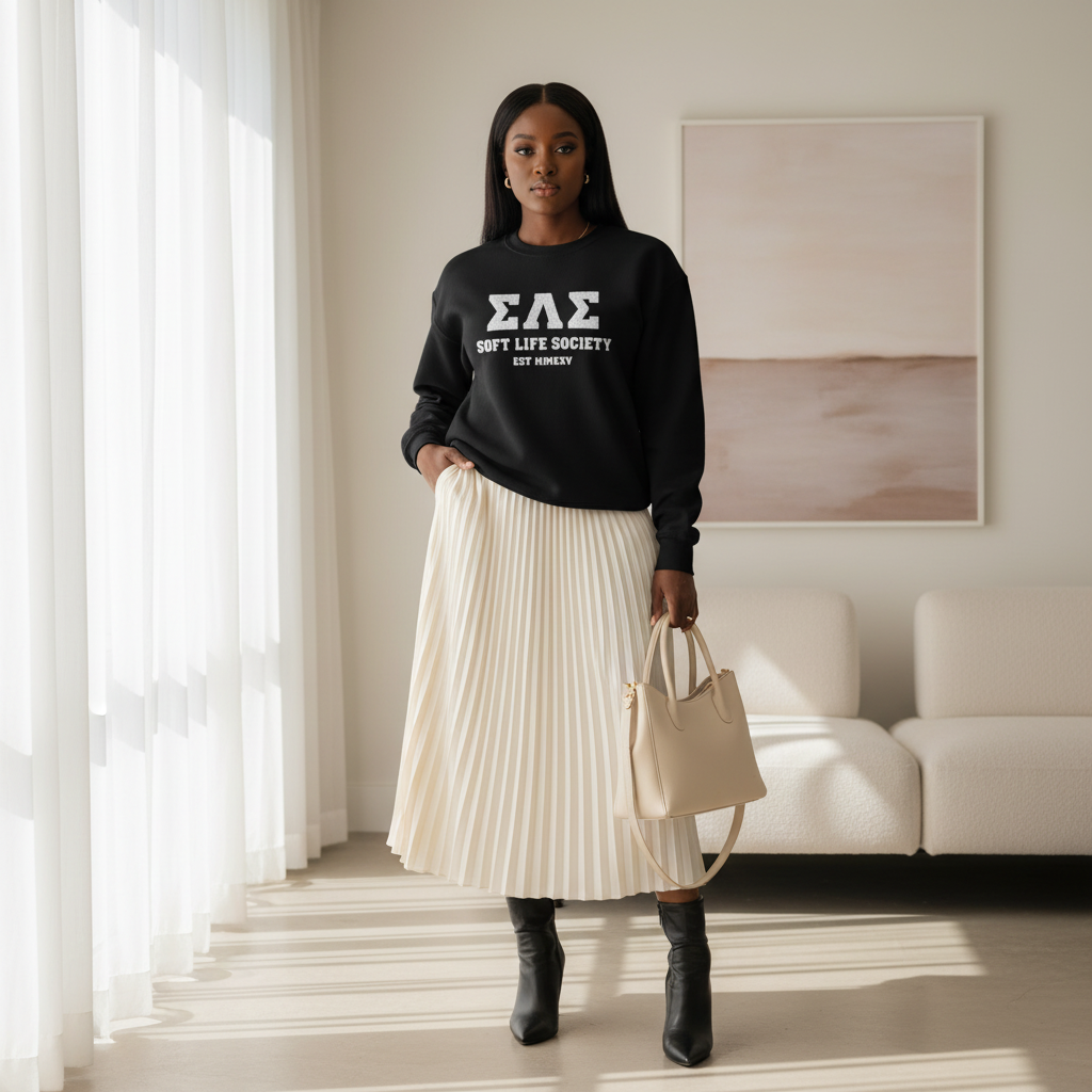 Woman wearing a black sweatshirt with white text and a beige pleated skirt in a modern living room.