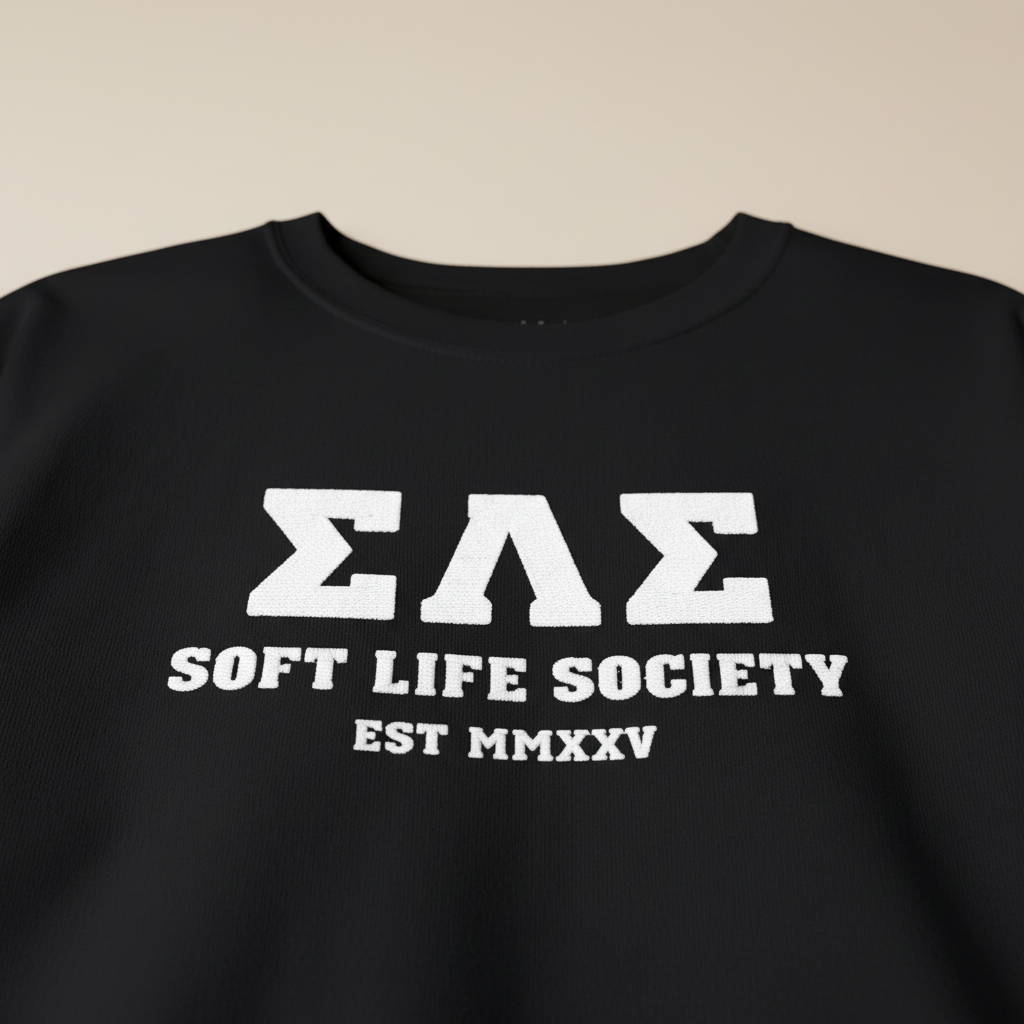 Black sweatshirt with white text 'ΣΛΣ SOFT LIFE SOCIETY EST MMXXV' on a beige background
