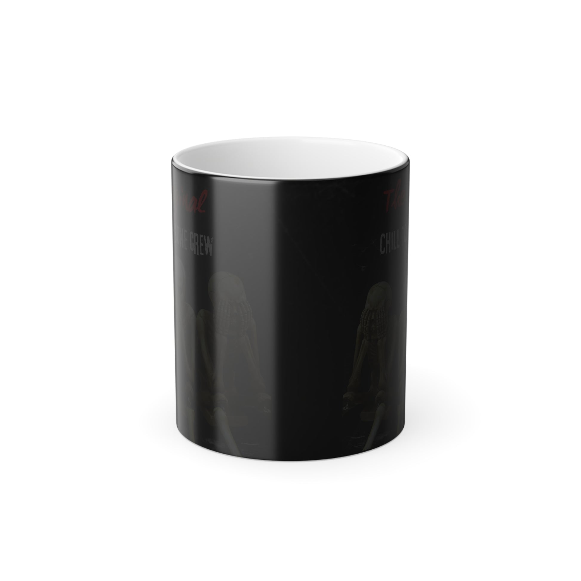 Cold view of 'Chill to the Bone' magic mug, black exterior before heat exposure.