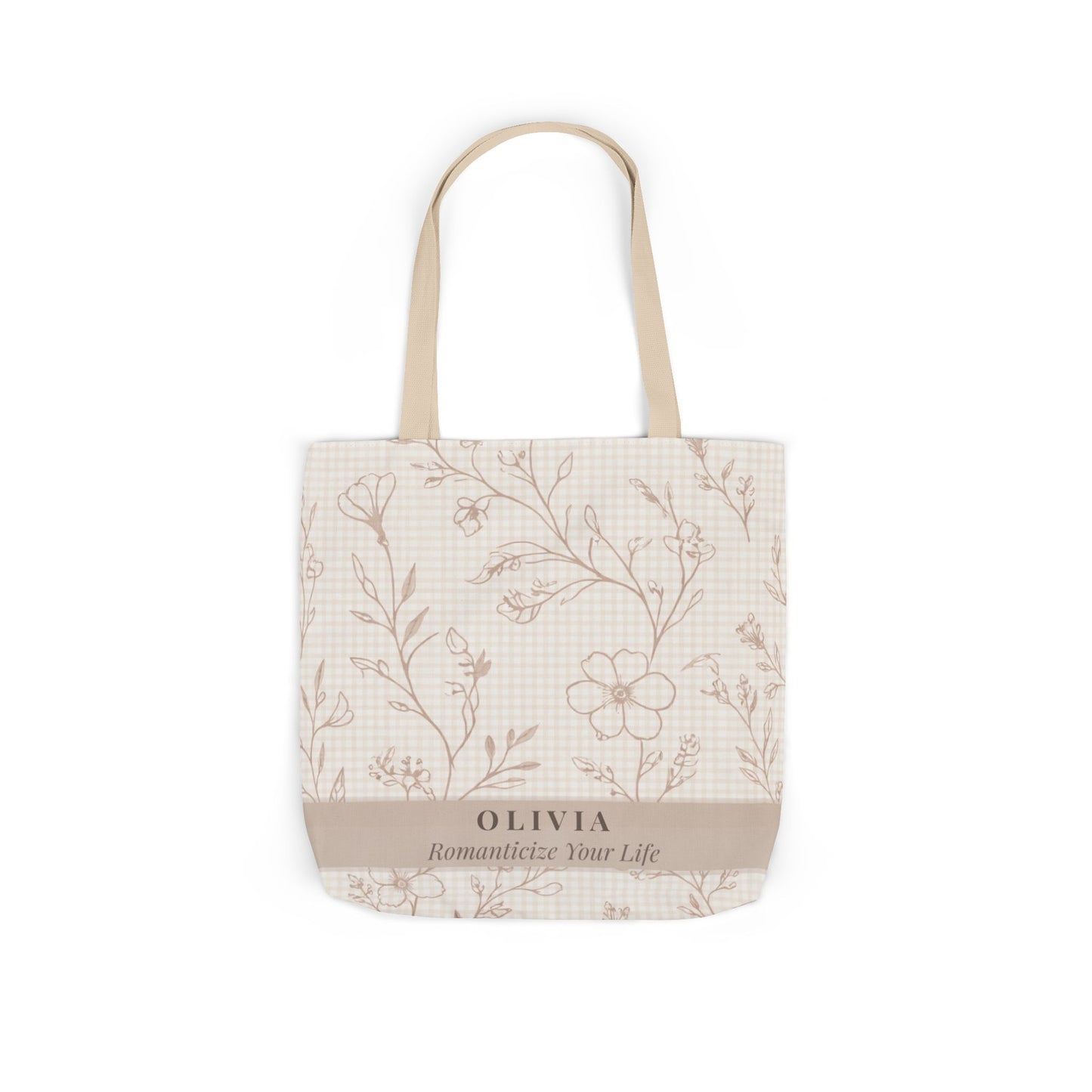 Tote bag with floral pattern and 'Olivia' branding on a white background