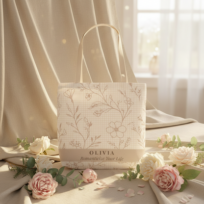 Floral-patterned bag with 'OLIVIA' branding on a light background with flowers.
