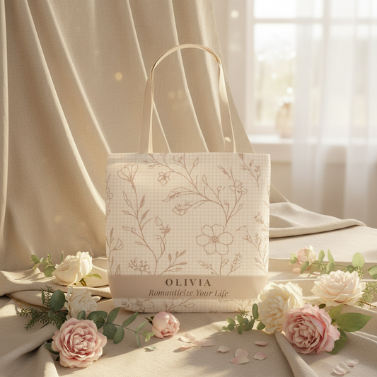 Floral-patterned bag with 'OLIVIA' branding on a light background with flowers.