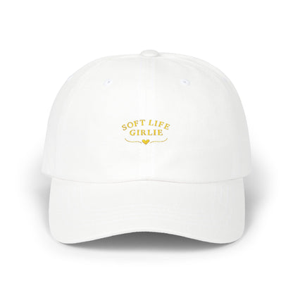 Front view of white “Soft Life Girlie” embroidered dad cap on a clean studio background.