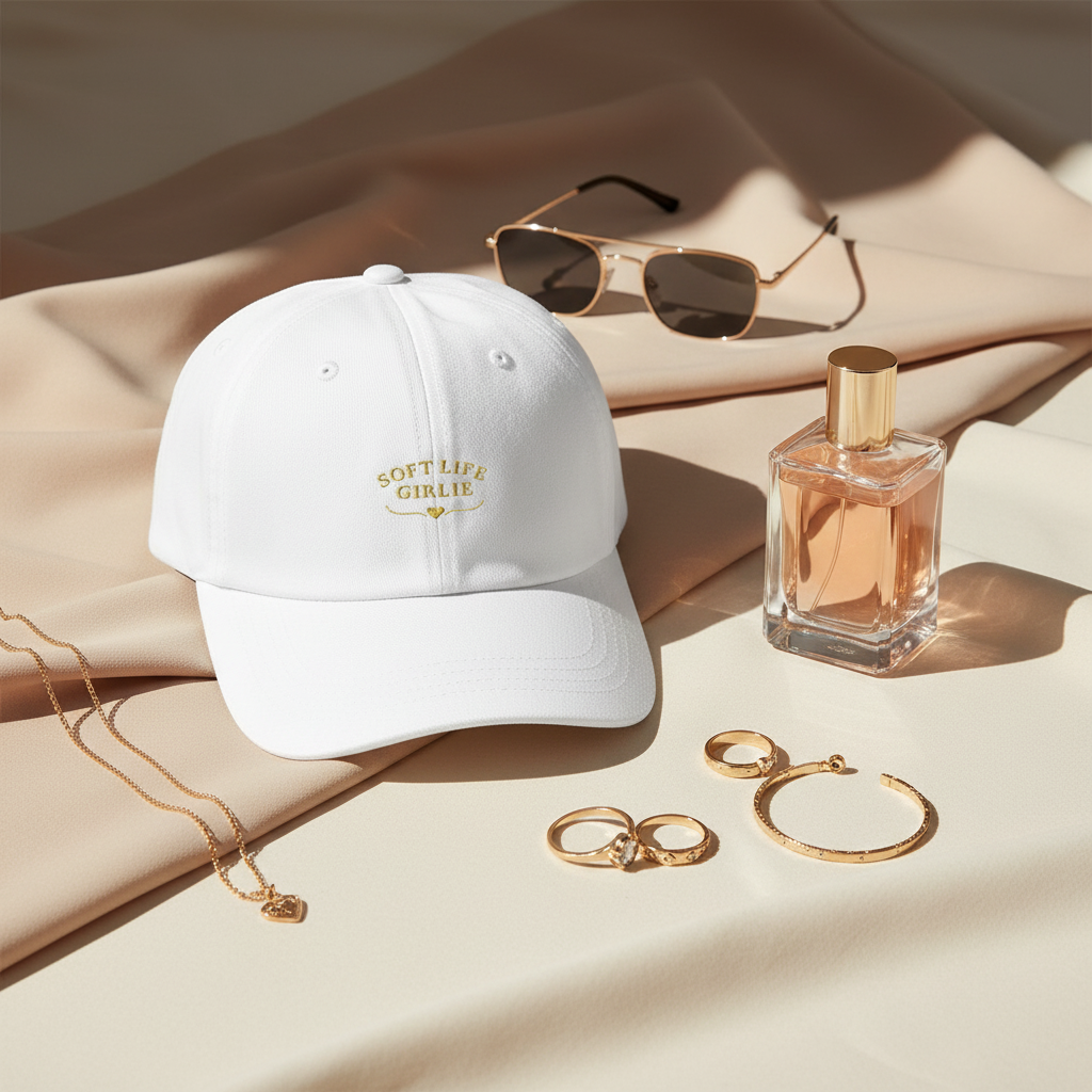 White cap with 'Soft Life Girlie' text, sunglasses, perfume bottle, necklace, and hoop earrings on a beige fabric background.