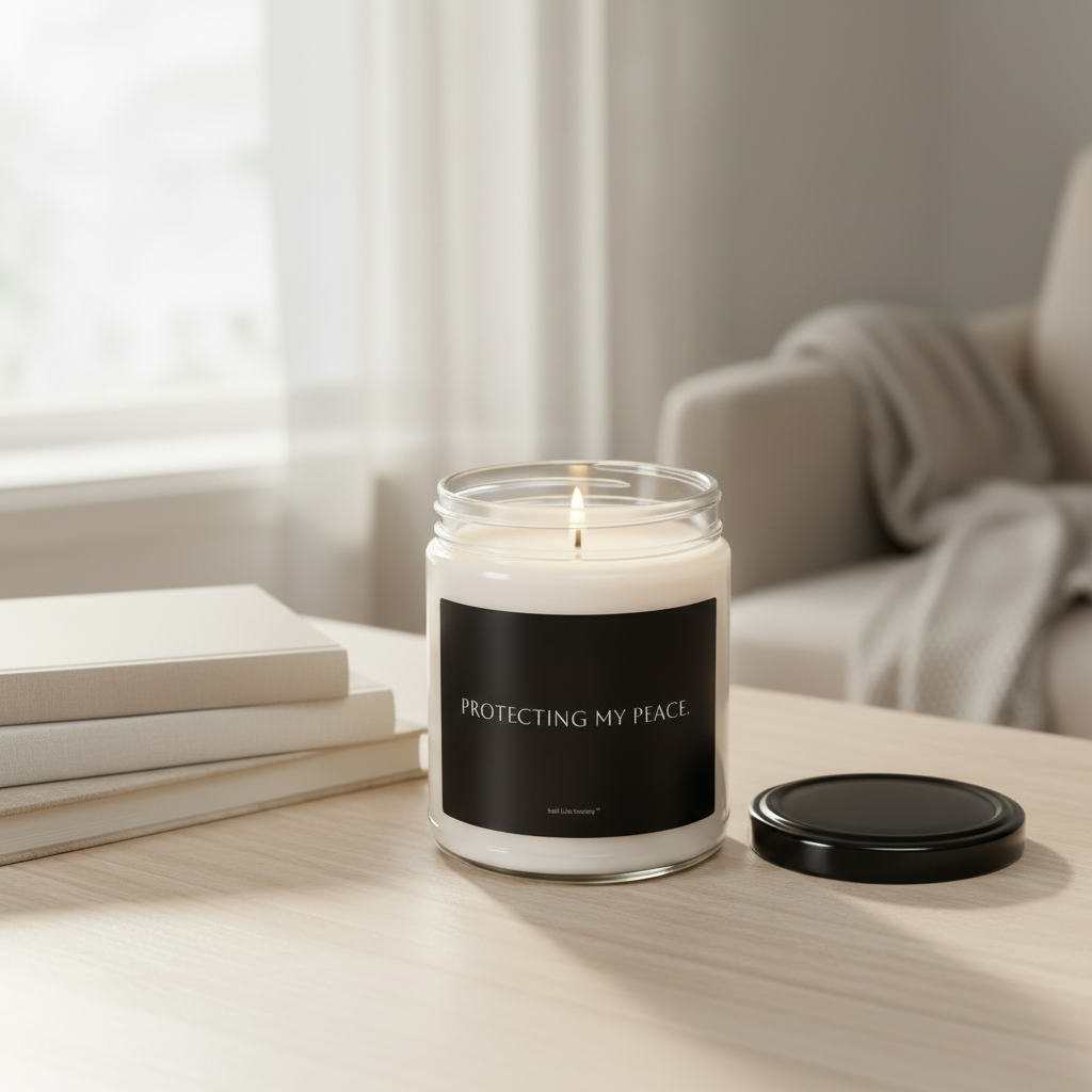 Minimalist self-care candle with bold text displayed in soft natural light in a neutral home on a coffee table.