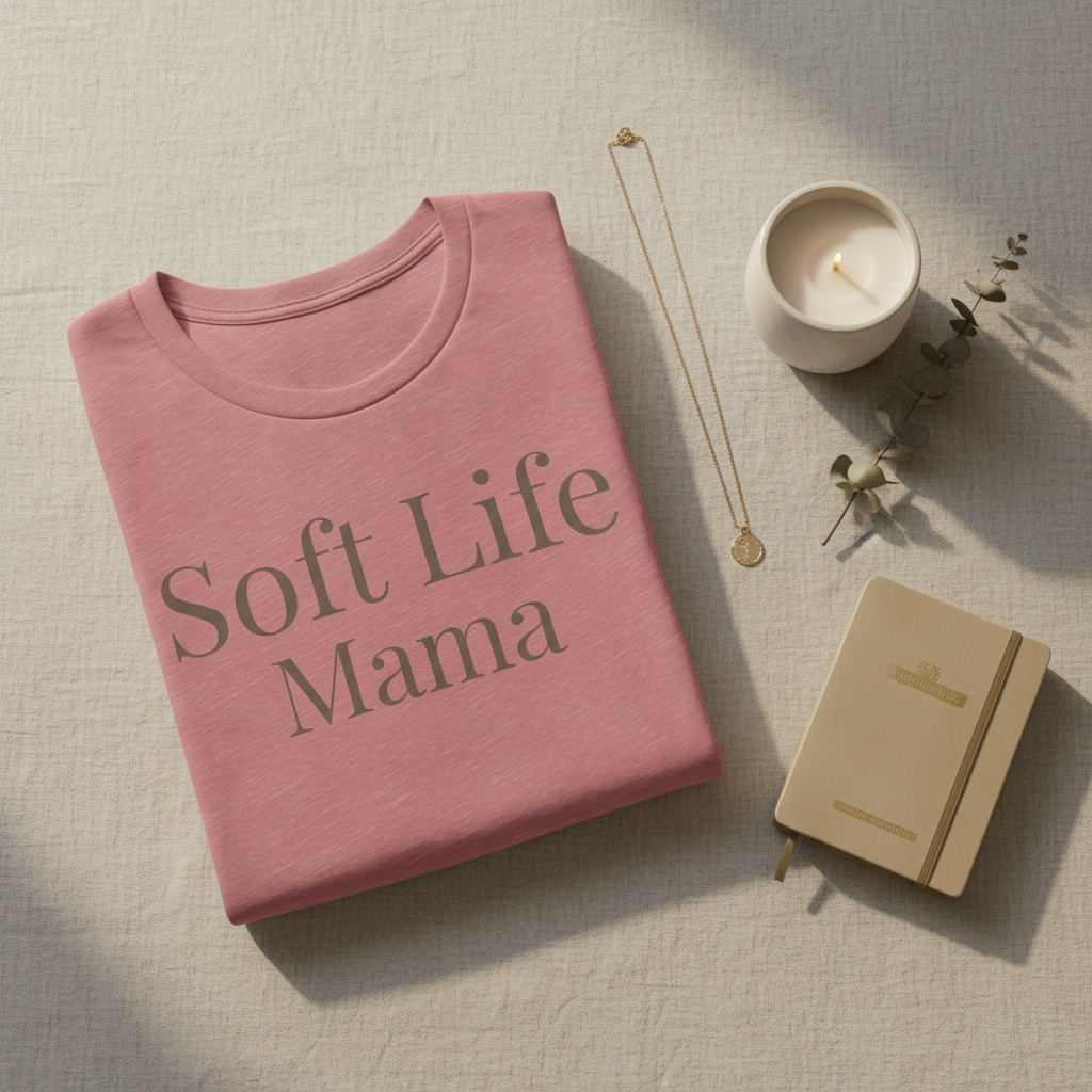 Soft Life Mama shirt folded with mug styled flat lay soft life gift set aesthetic