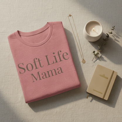 Soft Life Mama shirt folded with mug styled flat lay soft life gift set aesthetic