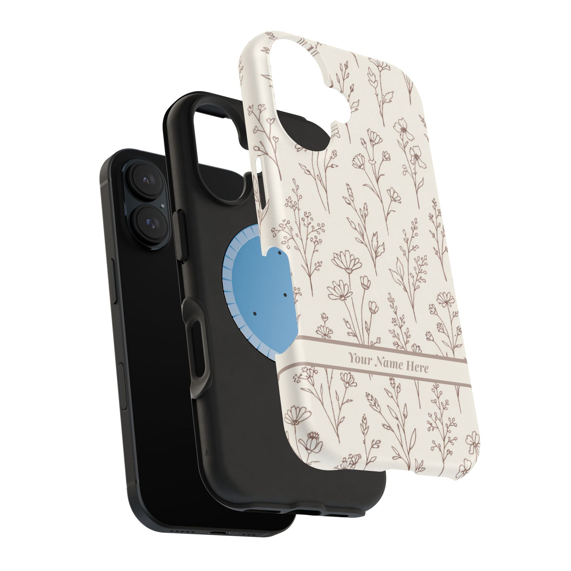 Phone case with botanical floral pattern next to a black phone case on a white background