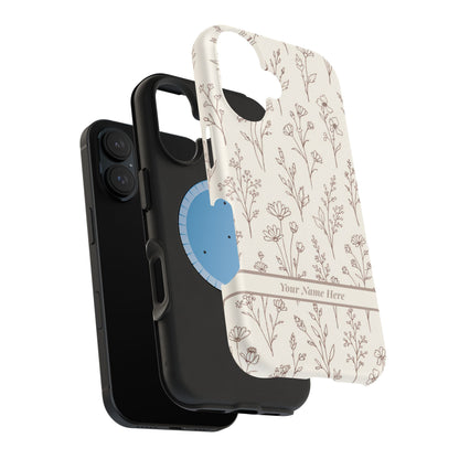 Phone case with botanical floral pattern next to a black phone case on a white background