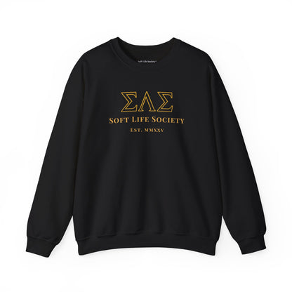Black sweatshirt with gold text "Soft Life Society" and Greek letters on a white background