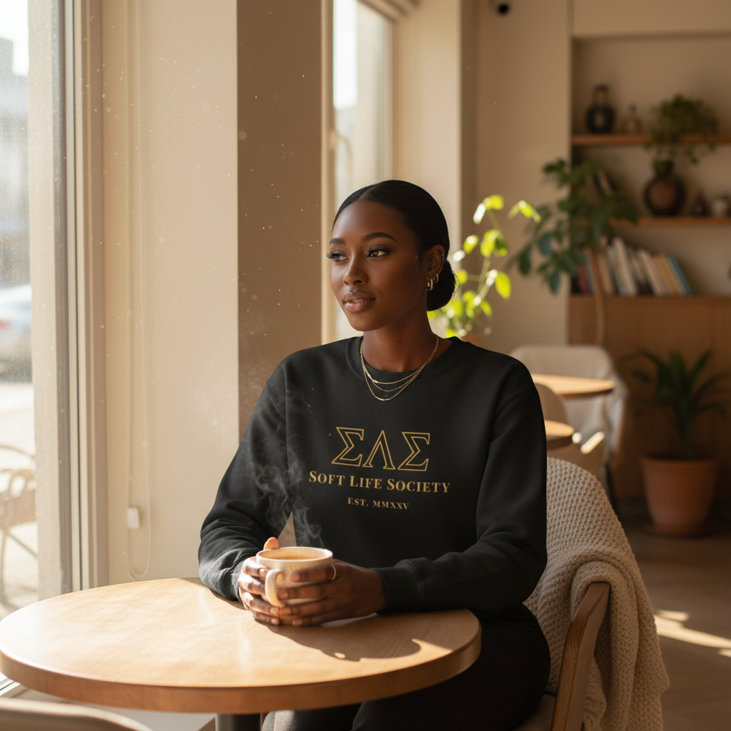 Woman sitting at a table holding a cup, wearing a 'Soft Life Society' sweatshirt in a cozy indoor setting.