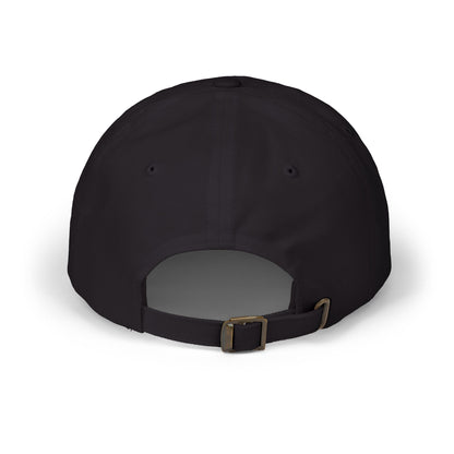 Back view of black dad cap showing the adjustable antique brass buckle strap.