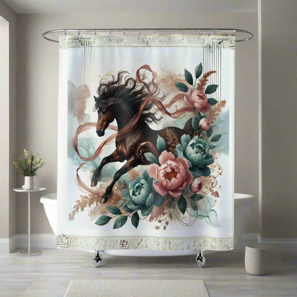 Shower curtain featuring a majestic black horse surrounded by blush pink and teal florals with flowing ribbons