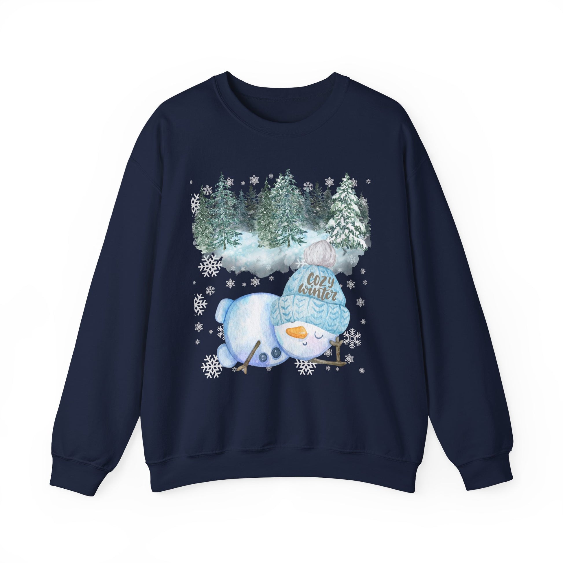 Festive winter sweatshirt in navy with a snowman graphic and the words "Cozy Winter.