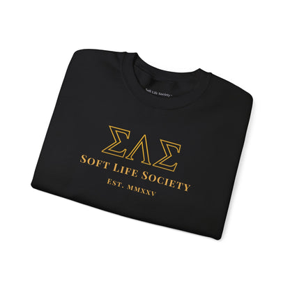 Black sweatshirt with Greek letters "Soft Life Society" in gold text and symbols on a white background