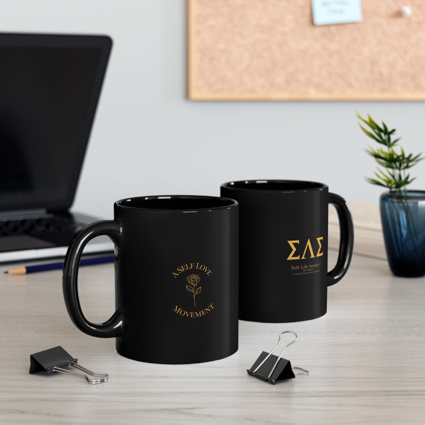 Soft Life Society™ Black Ceramic Mug | A Self Love Movement | Minimalist Luxury Coffee Cup