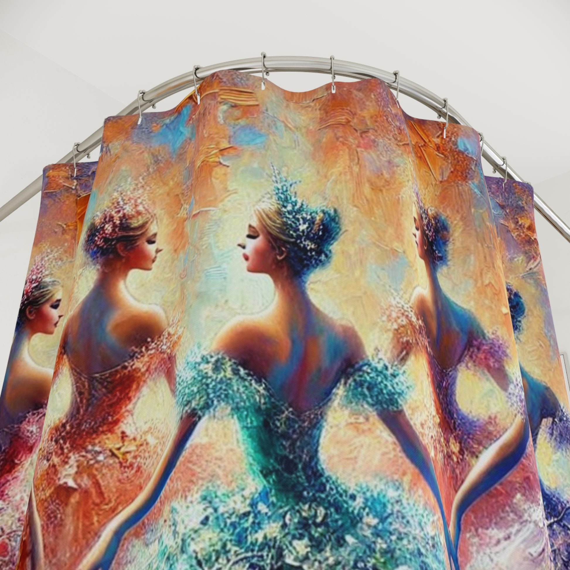Close-up of artistic shower curtain with a lineup of graceful ballerinas in radiant hues.