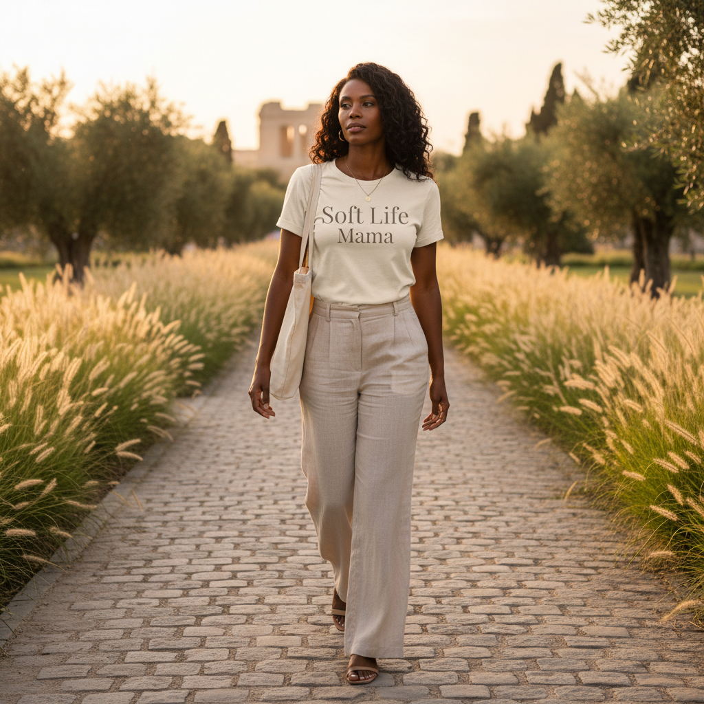 Soft Life Mama t-shirt outfit walking outdoors soft neutral aesthetic golden hour