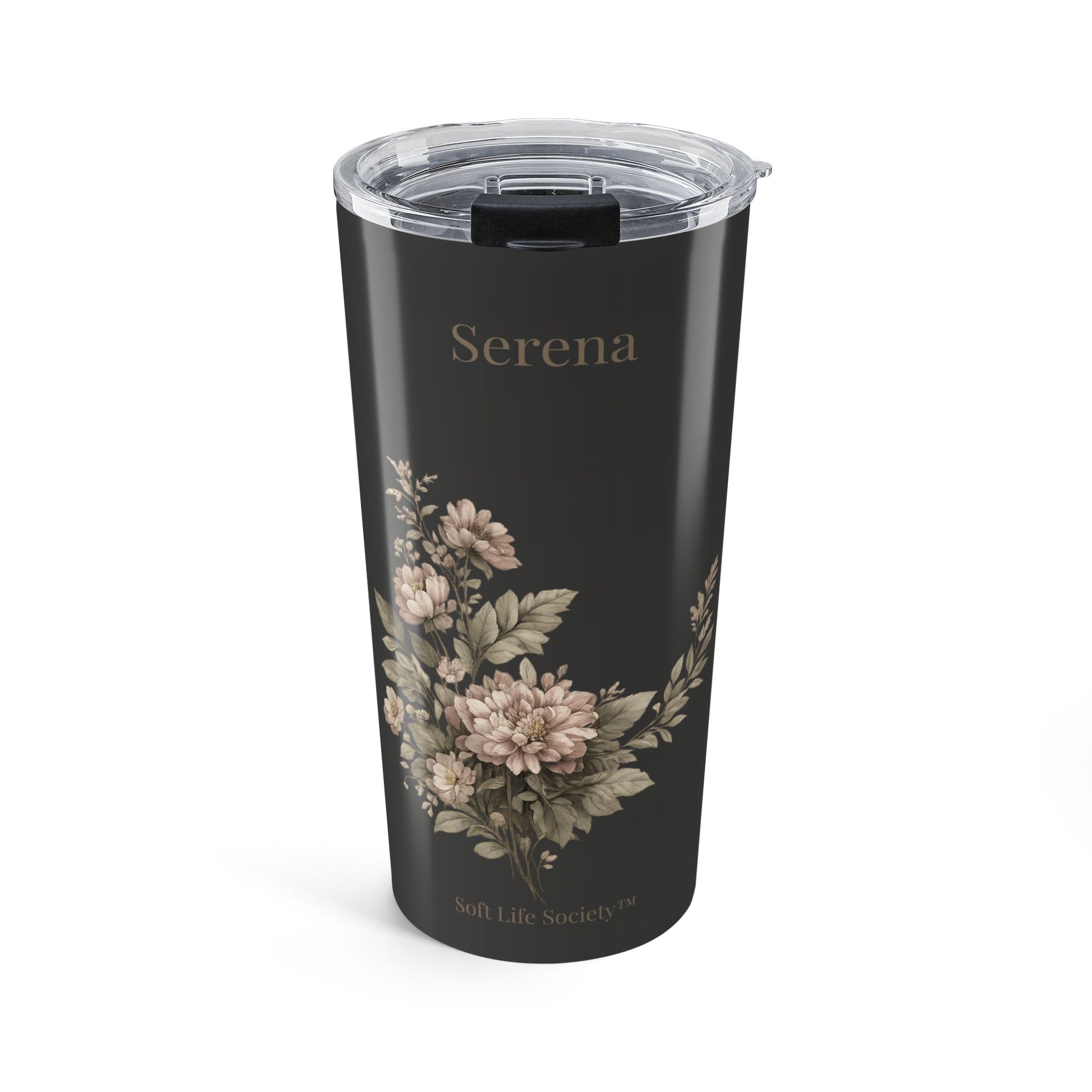 Floral-patterned tumbler with 'Serena' branding on a white background