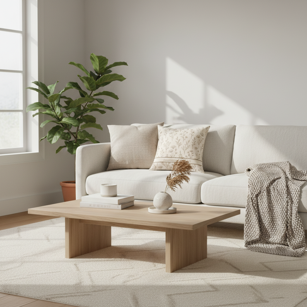 Modern living room with a white sofa, wooden coffee table, and decorative items.