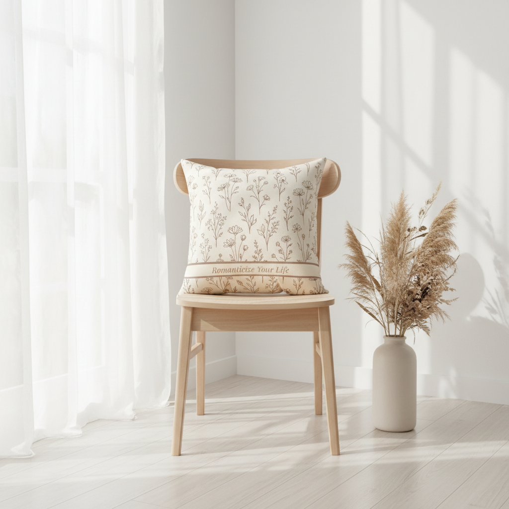 Soft neutral botanical affirmation pillow reading “Romanticize Your Life” styled on a light wood chair near sheer curtains and pampas grass in a Scandinavian minimalist home.