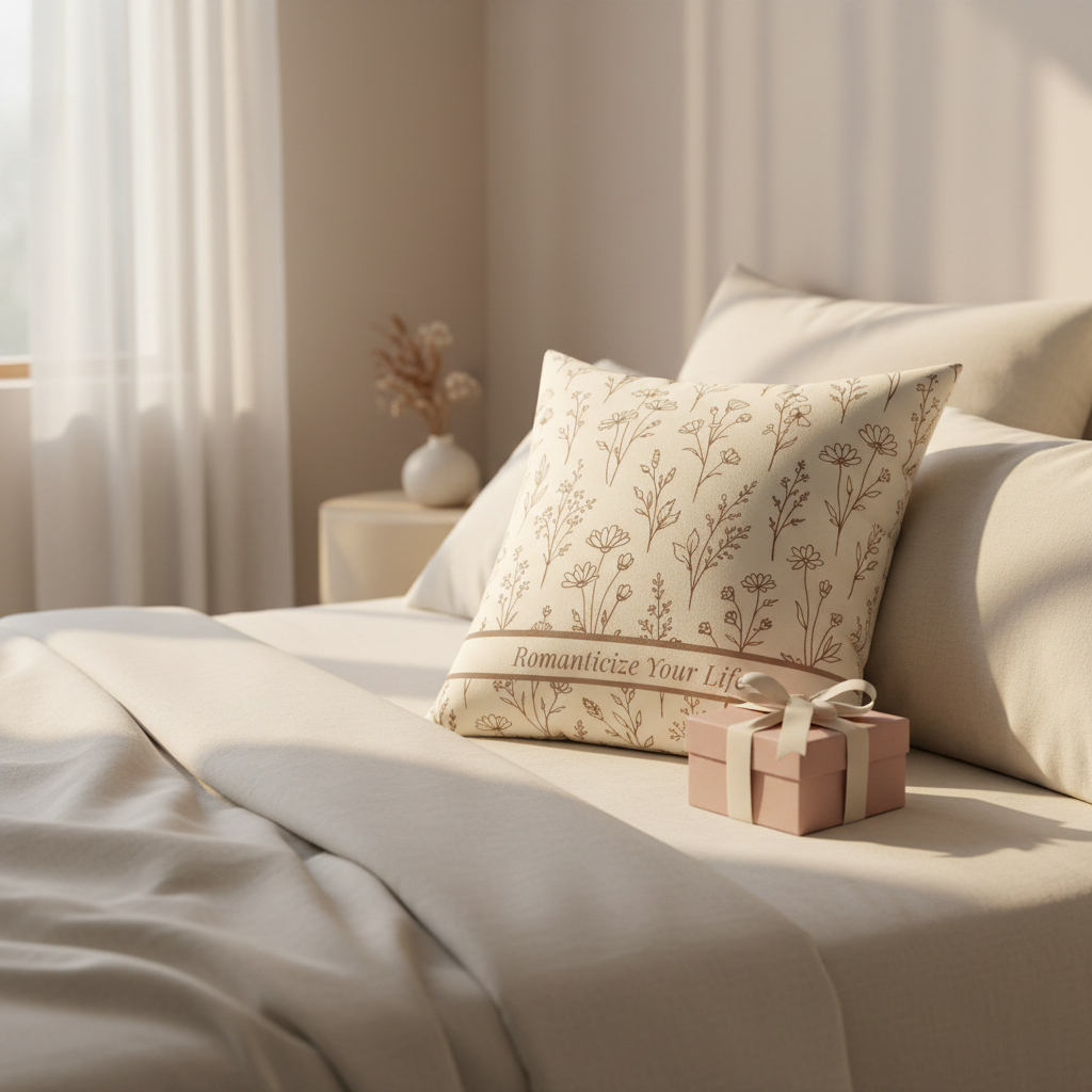Romanticize Your Life botanical line drawing decorative pillow in ivory and taupe resting on layered neutral bedding with soft sunlight and blush gift box for cozy feminine home decor styling.