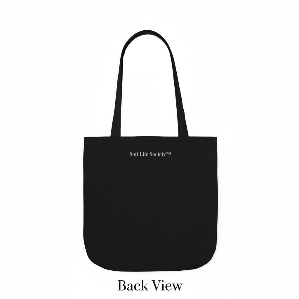 Back view of black tote bag with 'Soft Life Society' branding on a white background