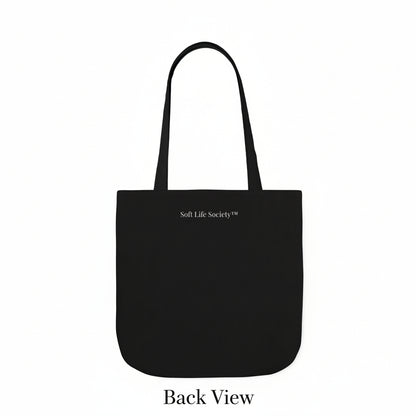 Back view of black tote bag with 'Soft Life Society' branding on a white background