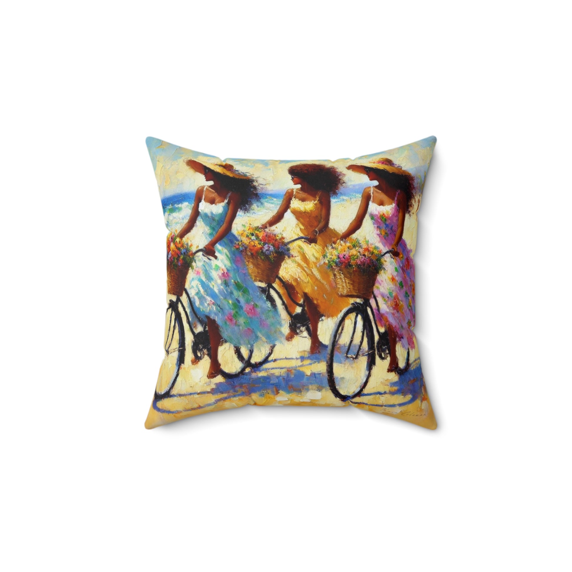 Bright, joyful pillow styled in a modern living room setting
