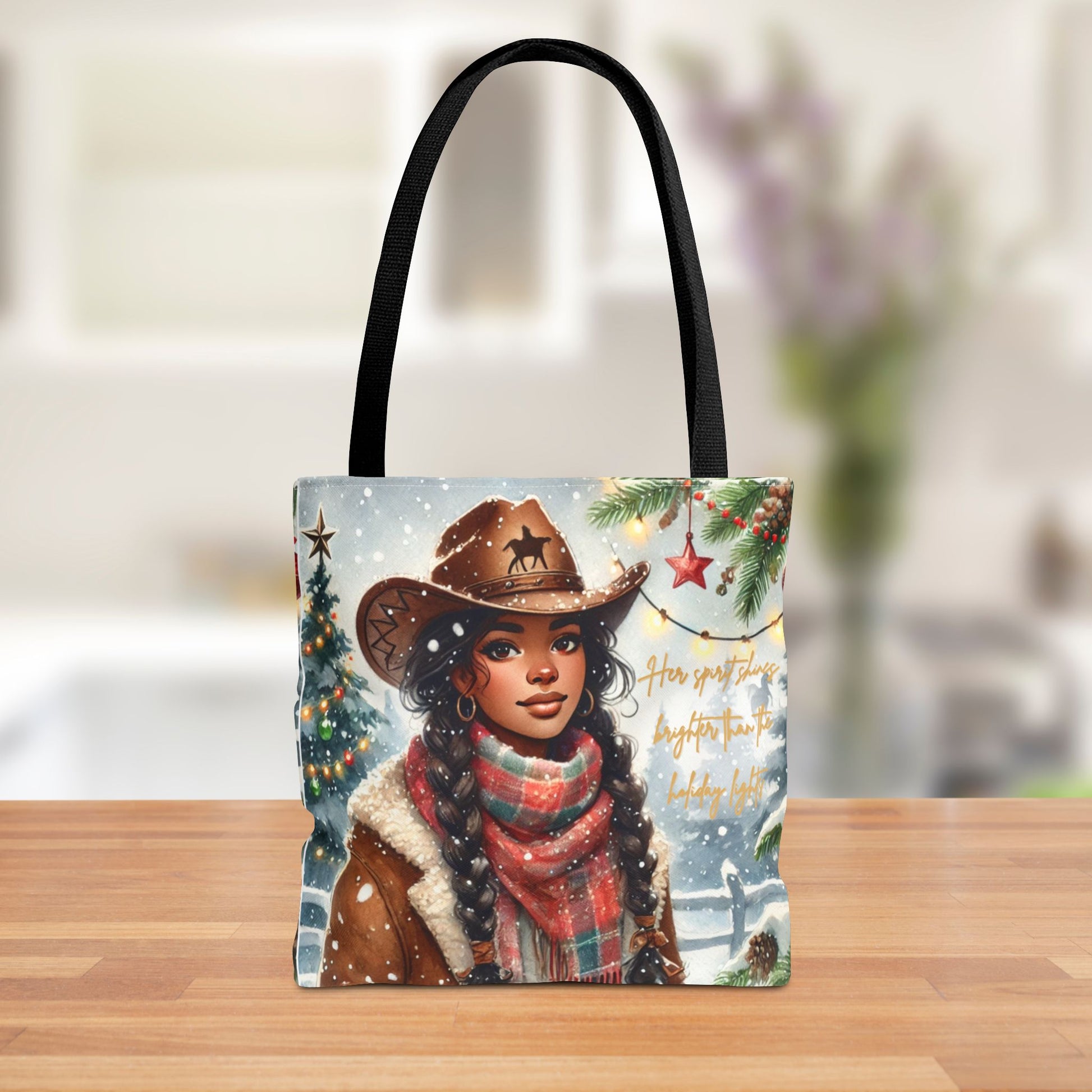 Lifestyle view of the holiday cowgirl tote bag on a wooden surface, ideal for everyday use or as a special seasonal gift.