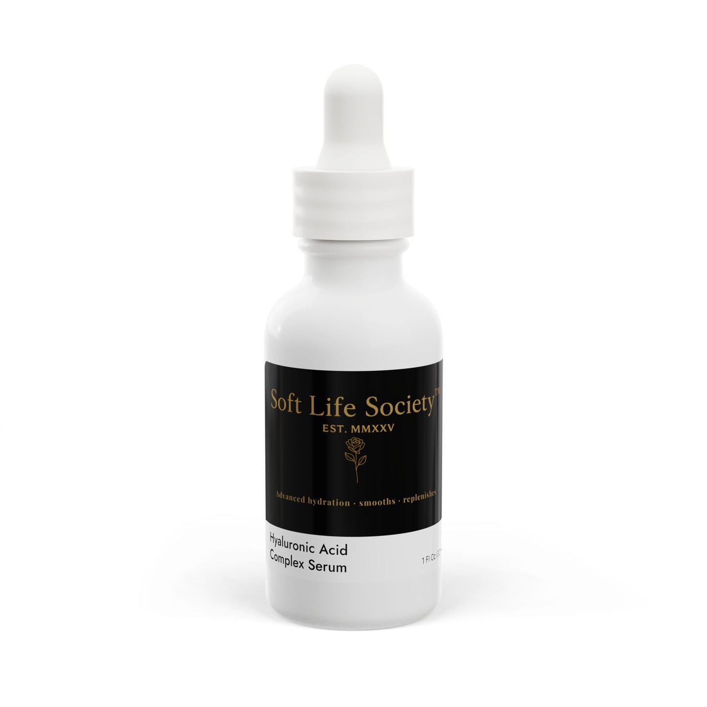 White serum bottle with black 'Soft Life Society' label on a white background