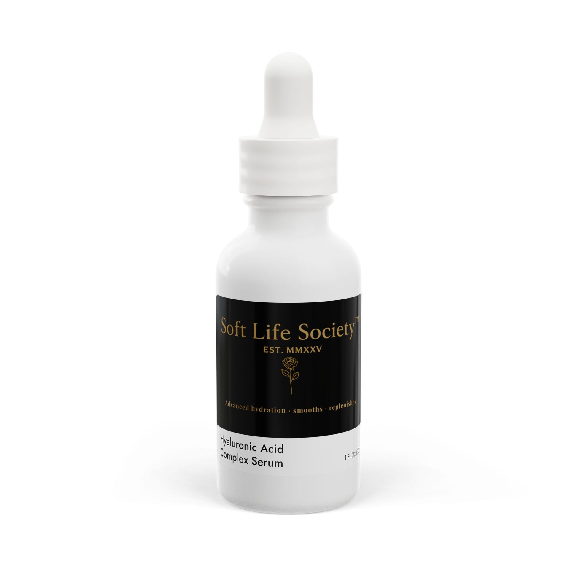White serum bottle with black 'Soft Life Society' label on a white background